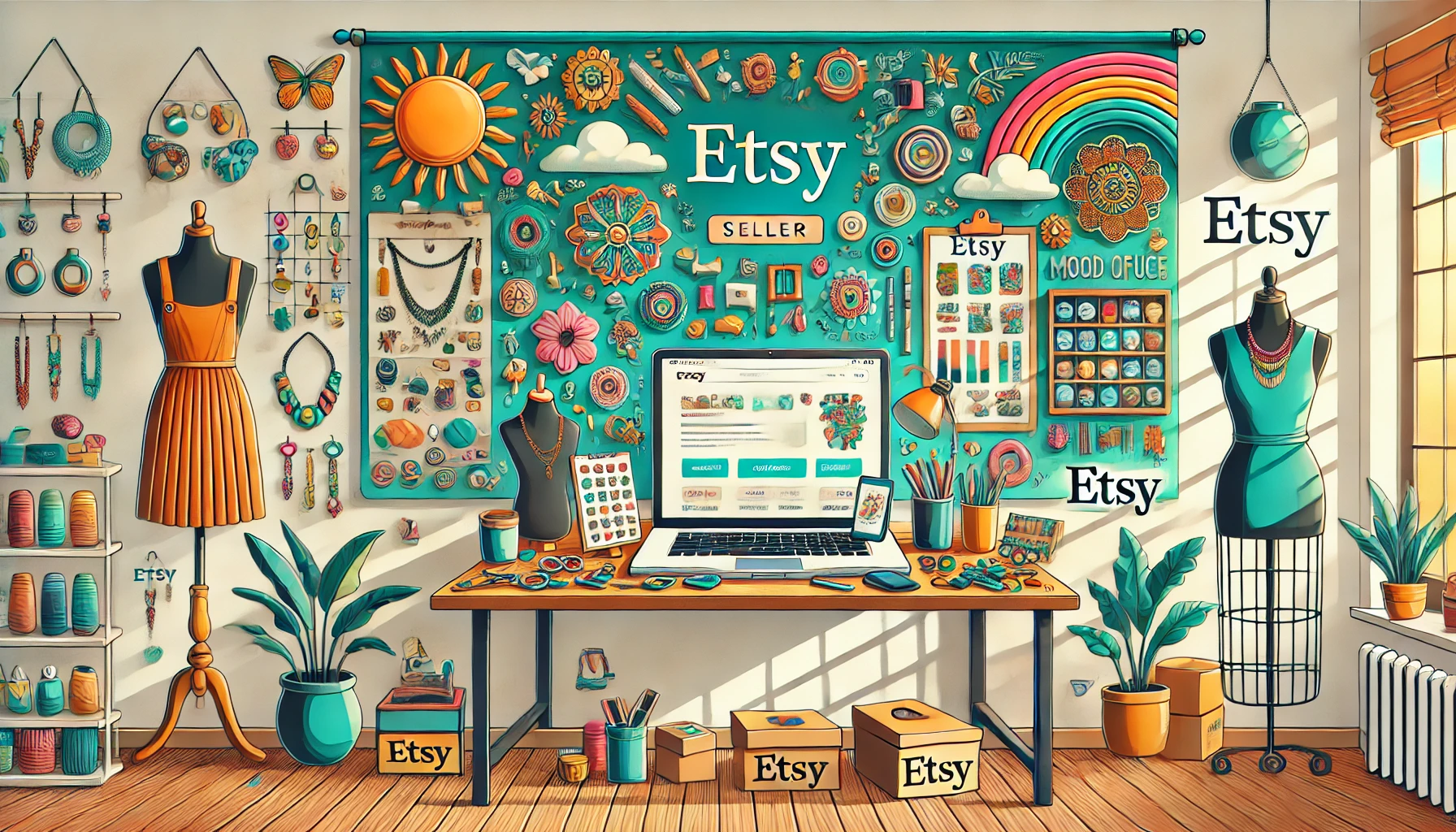 Etsy satıcısının yaratıcı çalışma alanını yansıtan bir görsel. Masada açık bir dizüstü bilgisayar, el yapımı takılar ve seramikler yer alırken, duvarda renkli bir ilham panosu dikkat çekiyor. Güneş ışığıyla aydınlanmış, ilham verici bir ev ofisi ortamı.