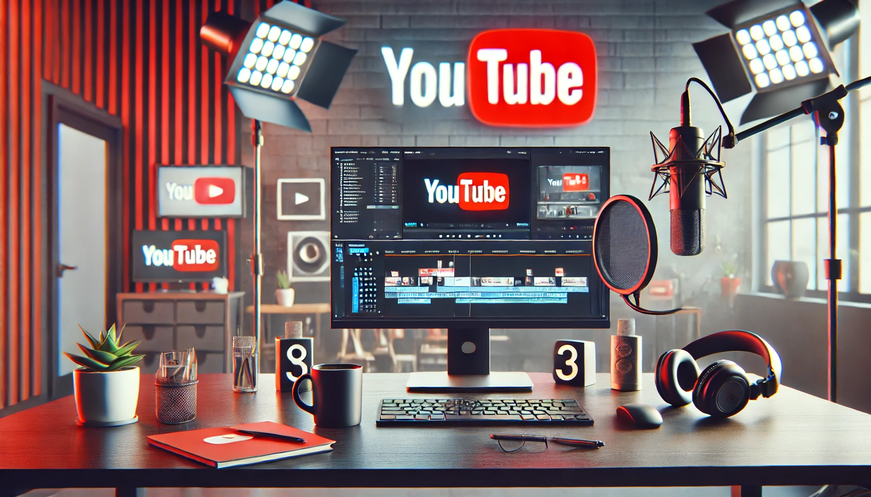 YouTube’dan para kazanma sürecini yansıtan bir içerik üreticisinin modern çalışma alanını gösteren görsel. Bilgisayar ekranında video düzenleme yazılımı, mikrofon ve stüdyo ışıkları yer almakta. Çalışma ortamında kahve fincanı ve defter gibi detaylar da bulunuyor.